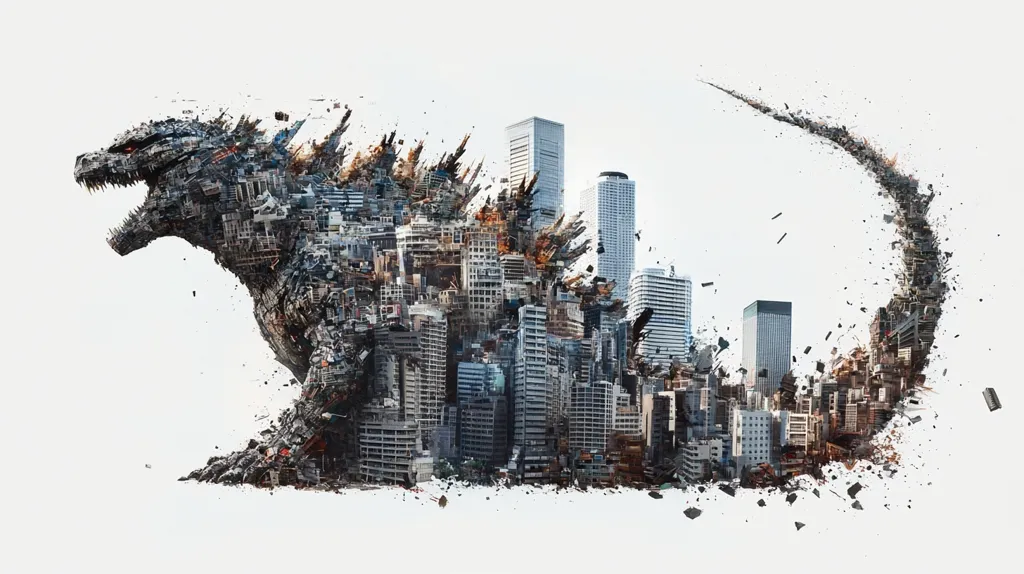 The image depicts a Godzilla-like monster made entirely of debris from a destroyed city. The monster's form is silhouetted against a white background, with the city's skyscrapers and buildings forming its body, tail, and head. The image evokes a sense of destruction and chaos, suggesting the aftermath of a catastrophic event. The debris flying off the monster adds to the chaotic feel of the image. The image is a powerful visual representation of the destruction and devastation that a powerful monster can wreak on a city.