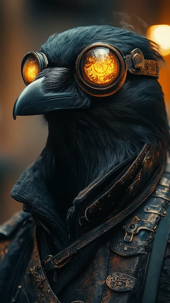 A black crow with a sharp beak wears a pair of steampunk goggles with glowing lenses and a dark leather coat with intricate metal buckles. The crow's piercing gaze and sharp features give it a menacing and mysterious air.  The image's dramatic lighting enhances the crow's imposing presence.