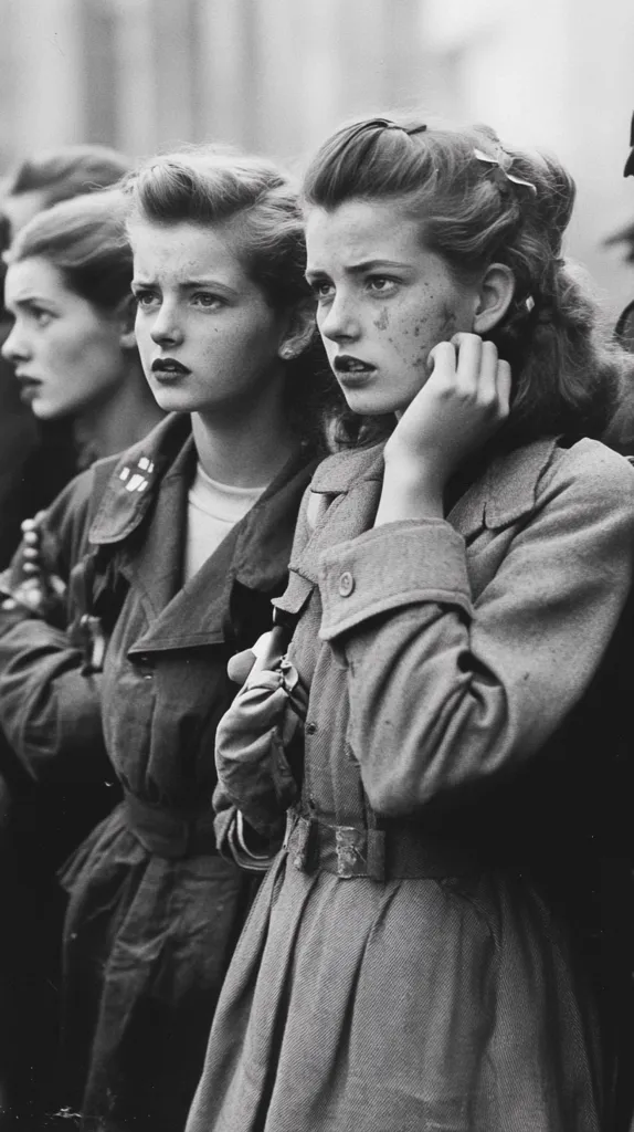 Two young women stand side by side, dressed in coats. The woman on the left is looking down, while the woman on the right has her chin in her hand and is looking directly at the viewer. Both are wearing dark coats.  The image is in black and white and appears to have been taken during the 1940s or 1950s.