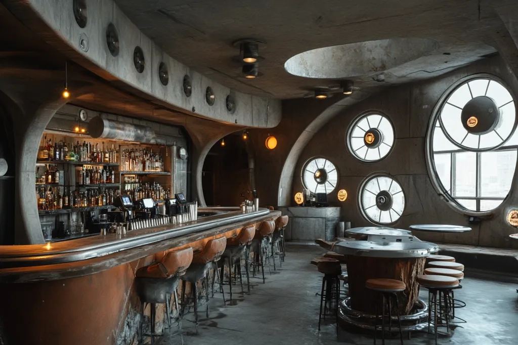 A modern bar with a unique, industrial design. It features a long, metal countertop lined with high stools. The walls are made of exposed concrete, adorned with numerous circular windows. The bar area is dimly lit, casting warm shadows, while the back wall displays rows of liquor bottles.