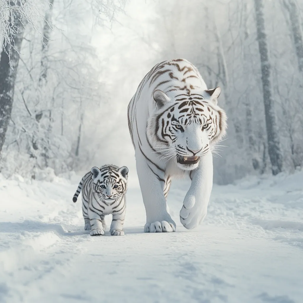A white tiger and its cub walk through a snowy forest. The adult tiger is larger and has darker stripes, while the cub is smaller and has lighter stripes. The background is a blur of white trees and snow. The scene is peaceful and beautiful.