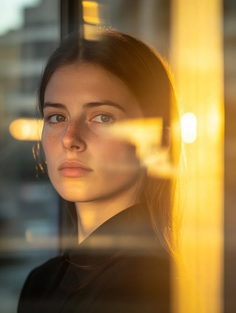 A young woman with long brown hair gazes out of a window, her face partially obscured by a golden glow. The light filters through the glass, casting warm hues across her features. Her eyes, bright and focused, suggest a contemplative mood. The soft focus and warm lighting create an intimate and ethereal atmosphere.