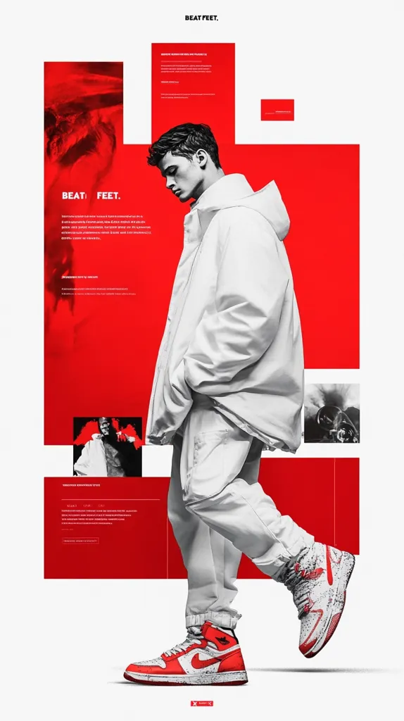 The image is a fashion advertisement for a pair of red and white sneakers called "Beat Feet". The ad features a young man wearing the sneakers and a white jacket. The background is a red and white color scheme with a bold, minimalist design. The ad also features small images of other people wearing the sneakers. The ad is a simple yet effective way to show off the sneakers.