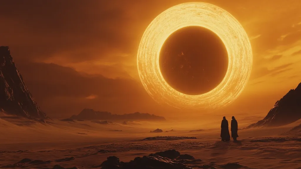 The image depicts a desolate, alien landscape with two figures silhouetted against a glowing, circular object in the sky. The object, resembling a fiery ring, dominates the horizon, casting an orange hue over the barren desert. The composition evokes a sense of mystery and awe, suggesting an otherworldly setting. The figures, small in scale against the immense object, appear to be dwarfed by the vastness of their surroundings. The overall mood is one of wonder and contemplation, hinting at the possibility of other worlds and civilizations.