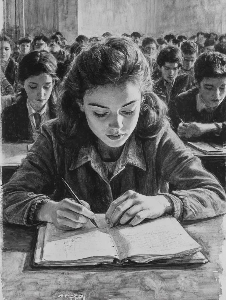 A young woman sits at a desk in a classroom, her face illuminated by the light coming through the window behind her, writing in a notebook. Her classmates, blurred and out of focus, sit around her, a sea of grey and black. The drawing is done in graphite and highlights the detail of the woman's hands and face.  The overall feeling is one of concentration and quiet contemplation.