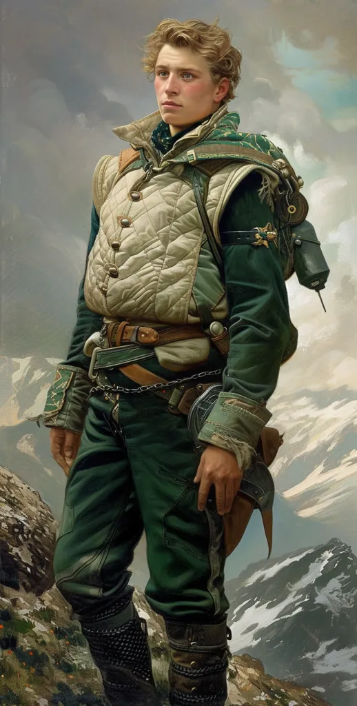 A young man with blonde hair and blue eyes stands in a mountainous landscape, looking to the left. He wears a green jacket, a brown leather belt, and a large backpack.  His expression is thoughtful and determined. The background features snow-capped peaks and a cloudy sky.  The light in the image is soft and warm, casting long shadows.  The overall tone is one of adventure and exploration.