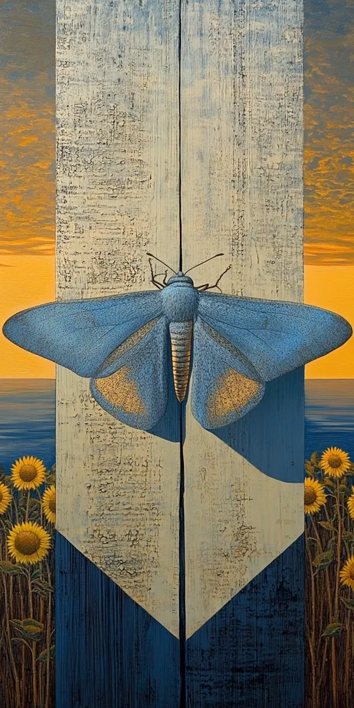 The painting depicts a large blue butterfly with yellow markings perched on a wooden board. The board is divided into two sections by a thin vertical line and painted in a white, blue, and yellow color scheme. Sunflowers are in the background, extending off the edge of the image. The painting uses a realistic style to create a sense of depth and detail.