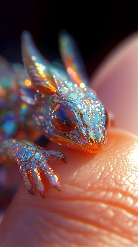 A small, iridescent lizard with a bright orange eye and spiky scales sits on a human finger.  The lizard's scales shimmer with a rainbow of colors, and its eye is wide and alert. The human finger is pale and smooth, and the lizard's small claws grip the skin. The image is a close-up, and the lizard's details are clearly visible. The background is blurred, creating a soft focus that makes the lizard stand out.  The image is captivating, and the lizard's delicate beauty is immediately apparent.