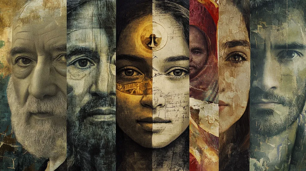 The image shows five faces, each split in half vertically. The faces are those of four men and one woman, all with serious expressions. The image is stylized, with a painterly look and a textured background. The faces are partially obscured by layers of paint and text, giving the impression of mystery and hidden meaning.