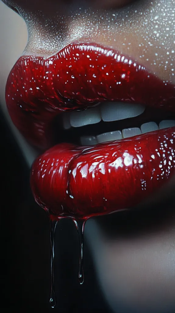 A close-up shot of a woman's lips, painted a deep, glossy red. The lips are parted, revealing white teeth, and the lower lip has a viscous red substance dripping down. The skin around the mouth is smooth and lightly textured, giving a sense of  sensuality.