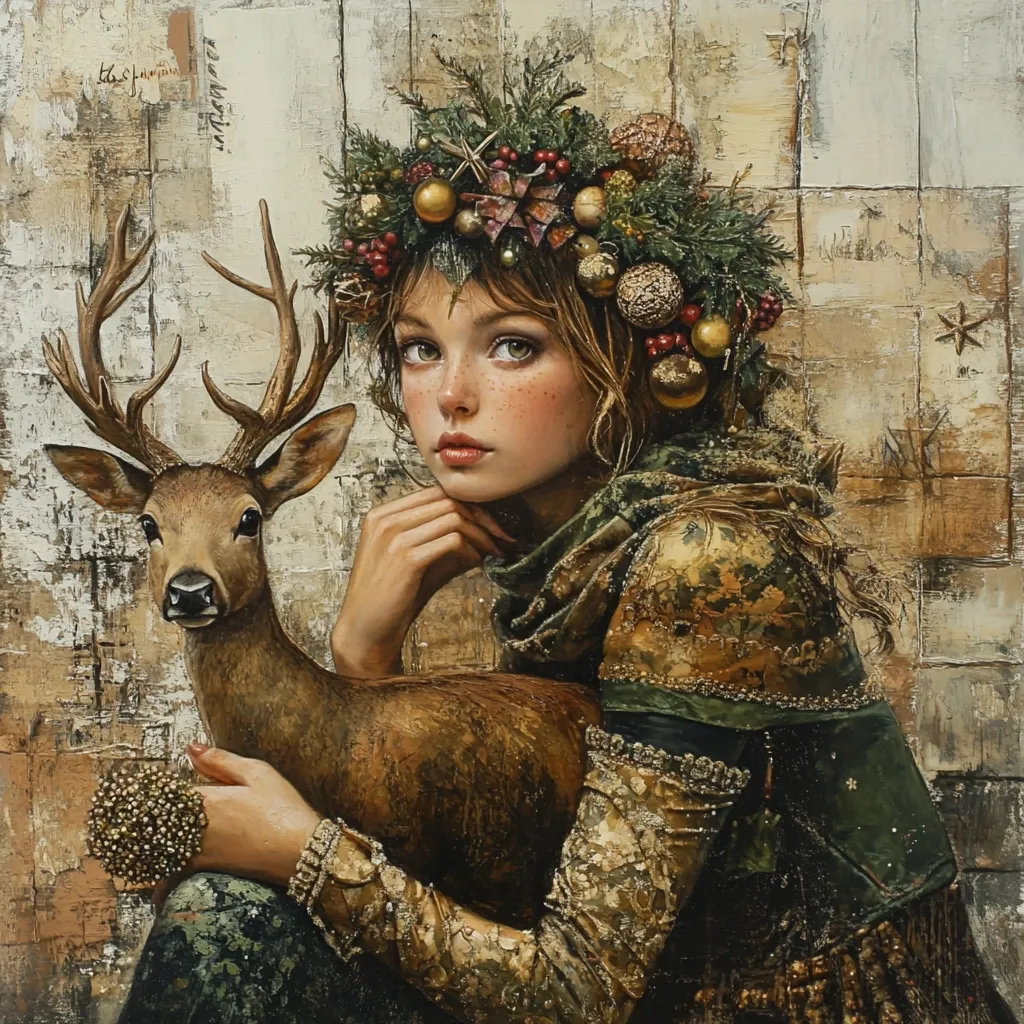 The painting features a young woman with fair skin, brown hair, and freckles, wearing a festive crown of evergreen branches, red berries, and gold ornaments. She is seated, gazing thoughtfully to the side, with her hand resting on her chin. She is holding a deer, which is looking directly at the viewer. The background is a textured, muted palette, likely representing a forest setting. The overall tone is one of quiet contemplation and connection with nature.