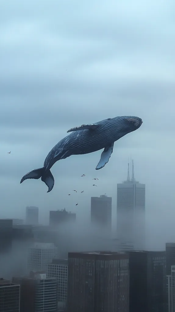 A large whale flies over a foggy cityscape. Tall buildings are shrouded in mist, giving a surreal and dreamlike atmosphere. The whale is in mid-air, with its tail and fins extended, and small birds fly in a formation above and behind it. The sky is overcast and grey, adding to the sense of mystery.  The image suggests an unlikely occurrence, perhaps a metaphor for the unexpected and the power of imagination.