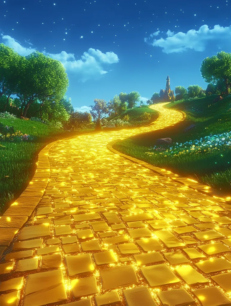 A winding yellow brick road stretches through a whimsical landscape. The road is made of golden bricks, glistening with light. Green trees and lush grass line the path, leading towards a distant, mysterious castle. The sky above is a vibrant blue dotted with twinkling stars.  The scene evokes a sense of wonder and adventure.