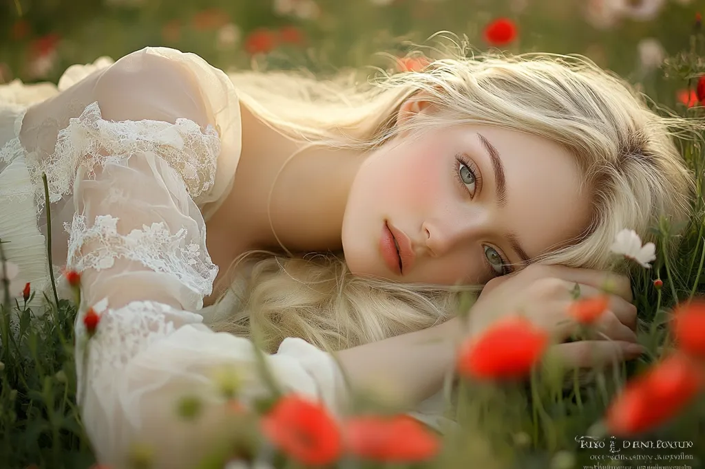 A young woman with long, blonde hair lies in a field of red poppies. Her eyes are closed, and she is wearing a white dress. The sun shines on her face, and the poppies are in full bloom. The photo has a dreamy, ethereal quality.