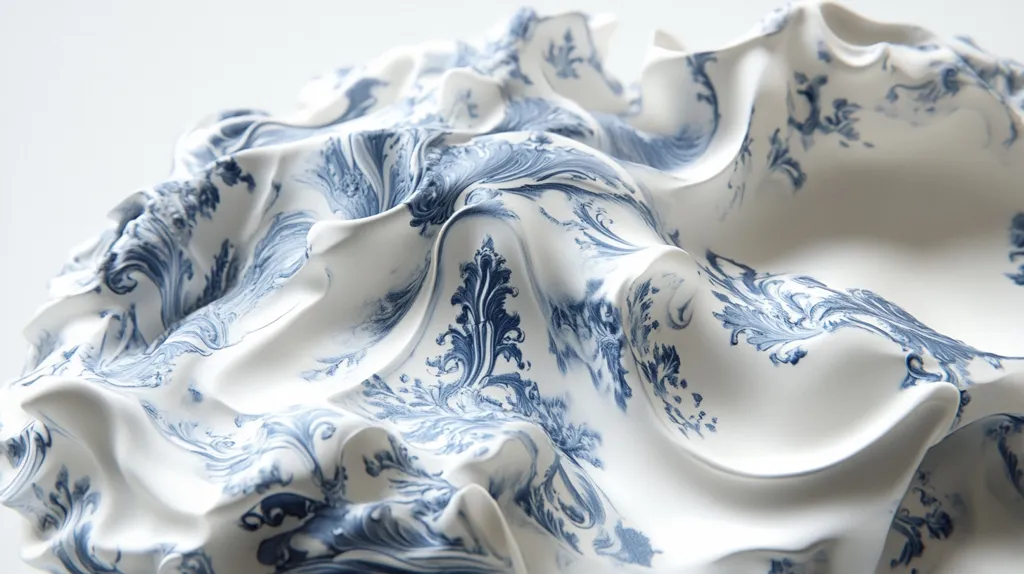 A white ceramic bowl with a blue and white marbled design, featuring intricate swirling patterns and a rippling texture. The bowl appears to be handcrafted, with the marbling and rippling texture adding a unique and artistic touch. It seems to be a decorative piece, potentially for displaying flowers or other small objects.