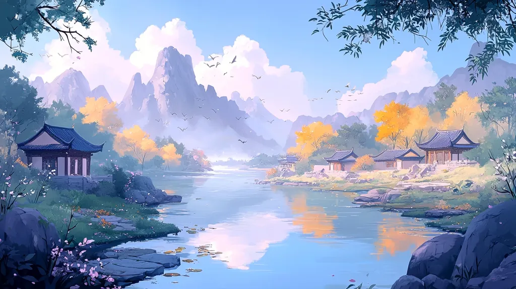 The image depicts a serene, picturesque landscape. A winding river flows through a valley surrounded by majestic, misty mountains.  Traditional Asian-style buildings with curved roofs line the riverbanks, adorned with lush greenery and colorful flowers. The sky is a soft blue with fluffy clouds, creating a tranquil and dreamlike atmosphere. The scene exudes a sense of peace and harmony.