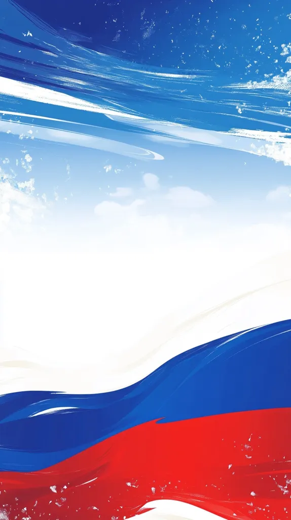 The image is a representation of the Russian flag, depicted with brushstrokes. The top of the image features a blue and white sky with white speckles, resembling clouds. The flag is displayed in the lower portion of the image, with the white, blue, and red bands positioned horizontally, forming a wave-like pattern.  The flag appears to be textured with subtle white speckles.  The image has a sense of dynamism and a patriotic theme.