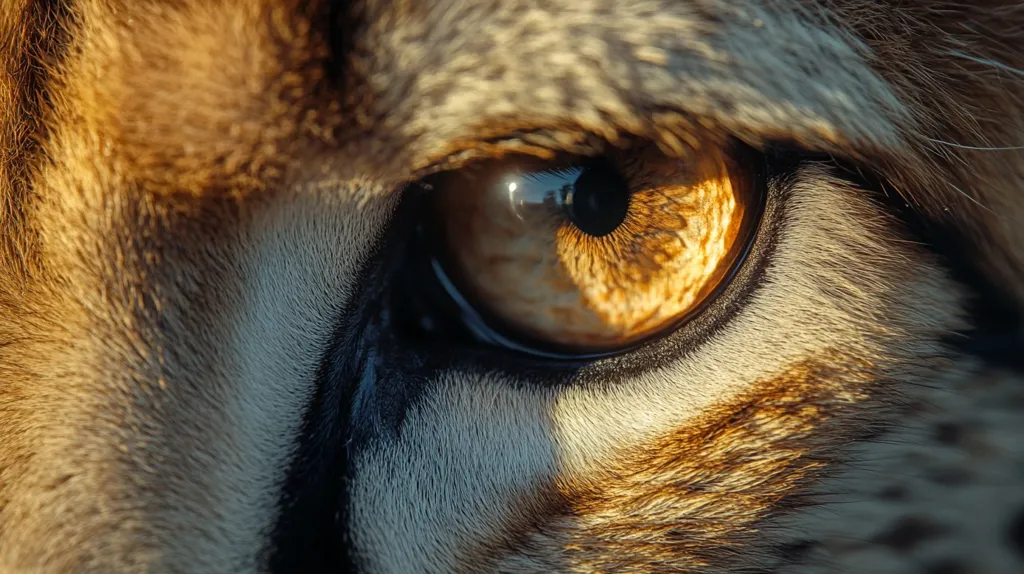 A close-up of a wildcat's eye, capturing the intricate details of its golden iris, black pupil, and surrounding fur. The eye is sharp and focused, reflecting the animal's predatory nature and keen sense of sight. The soft, textured fur around the eye adds to the image's intimacy and reveals the animal's beauty. The lighting illuminates the fur, creating a soft, warm glow.