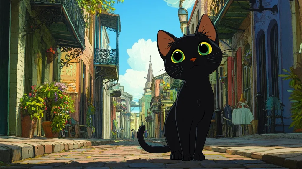 A black cat with bright green eyes sits on a cobblestone street, gazing towards a narrow, colorful street lined with buildings. The cat is in the foreground, while the street stretches back into the distance. The buildings have balconies with intricate ironwork, and there are plants and flowers growing in pots. The scene is bright and cheerful, with a whimsical, cartoon-like style. The cat appears to be a main character in a story set in this charming environment.