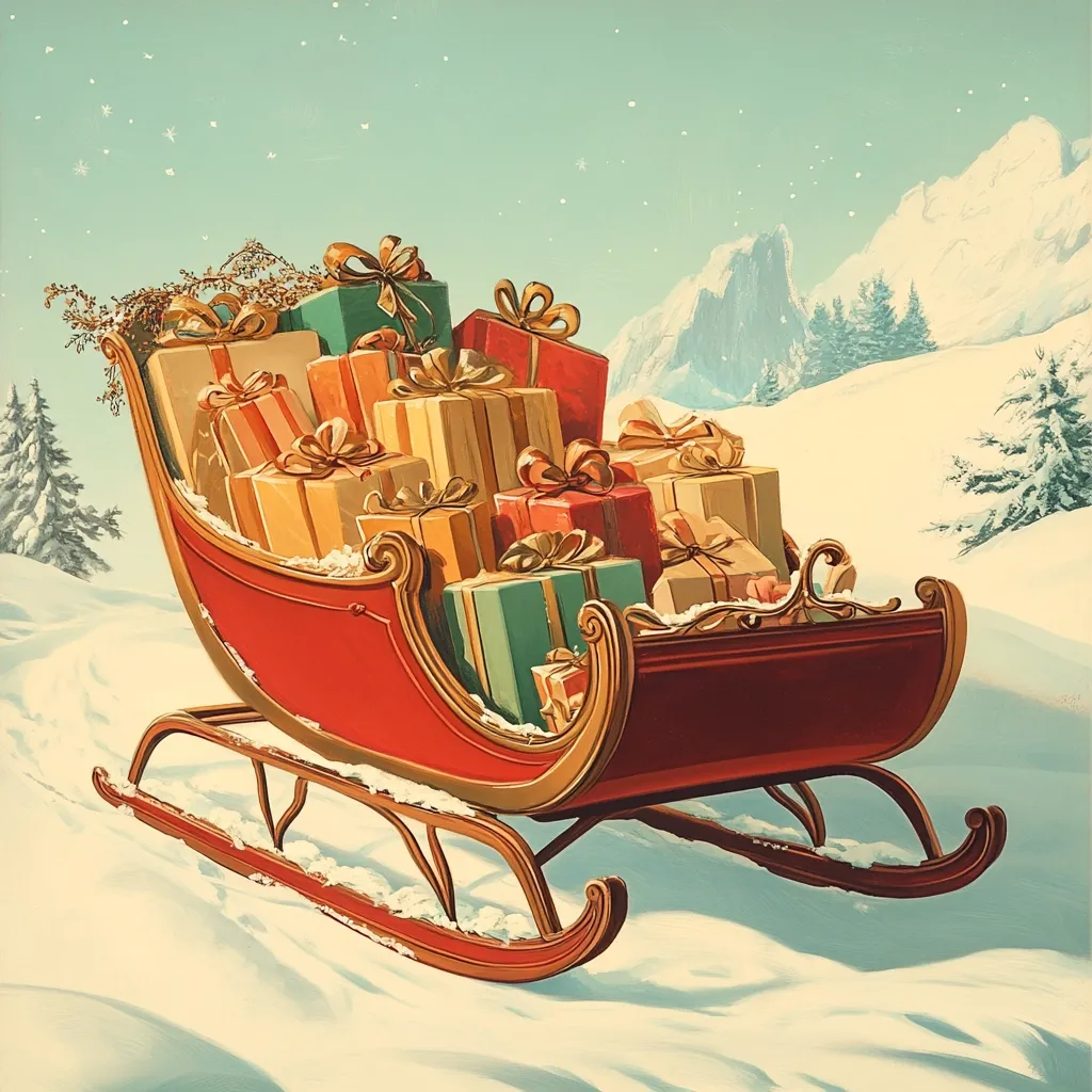 A red sleigh overflowing with wrapped gifts,  set against a snowy landscape. The sleigh has a golden trim and is sitting in the snow. The background is a snowy mountain scene with fir trees and a light blue sky. The image evokes a sense of Christmas cheer and the magic of the season.