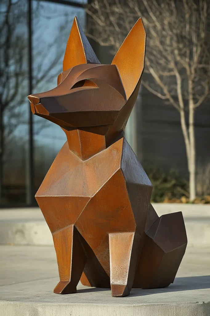 The image shows a large, abstract sculpture of a dog made of rusty metal. The sculpture is geometric in shape, with sharp angles and edges. The dog is seated, with its head tilted slightly to the side. The sculpture is in front of a building with large windows and a tree in the background. The sculpture is a modern piece of art that is sure to stand out.