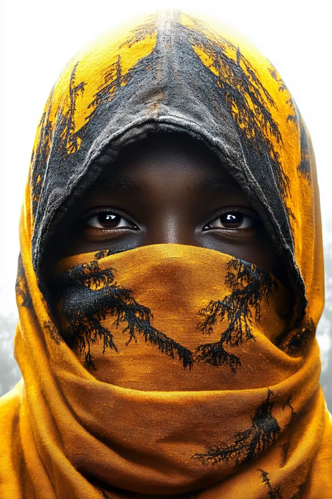 A close-up portrait of a person of color wearing a yellow and black patterned headscarf. The scarf covers most of their face, only revealing their dark brown eyes. The image focuses on the eyes and the intricate pattern of the scarf. The background is blurred and white, highlighting the subject. The image evokes a sense of mystery and intrigue.