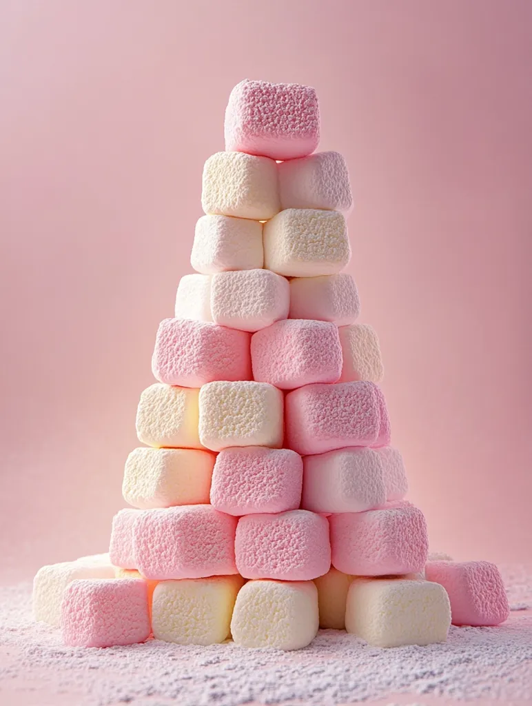 A pyramid of pink and white marshmallows sits atop a light pink surface dusted with powdered sugar. The marshmallows are arranged in alternating colors, creating a visually appealing and symmetrical pattern. The soft lighting highlights the fluffy texture of the marshmallows, making them appear almost edible. The image evokes a sense of sweetness and nostalgia, reminiscent of childhood treats.