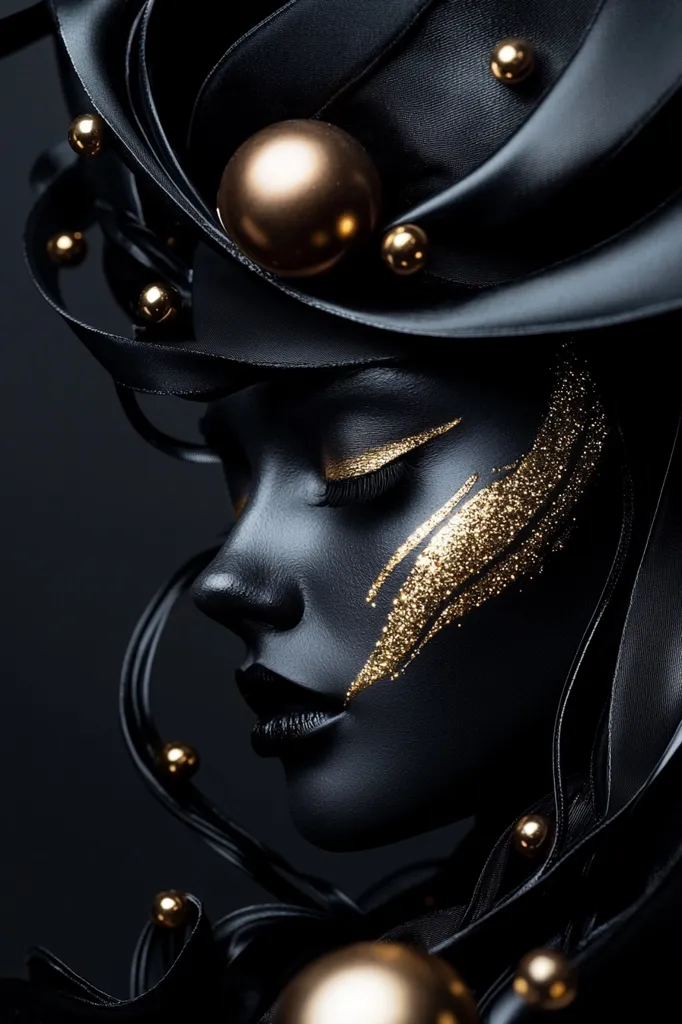 A close-up portrait of a woman with black skin and gold glitter makeup. She is wearing a black, ornate headdress adorned with gold orbs. The image is dark and dramatic, with a strong focus on the woman's face. Her eyes are closed, and her expression is serene. The gold accents and the intricate details of the headdress create a sense of luxury and opulence.  The image evokes a sense of mystery and power.