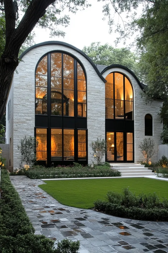 A modern, two-story house with white stone exterior and large arched windows, featuring black frames and glass panels. The house has a spacious front yard with a stone pathway leading to the entrance. The lush green lawn is illuminated by the warm light from the interior of the house. The house stands against a backdrop of green trees, creating a serene and sophisticated aesthetic.