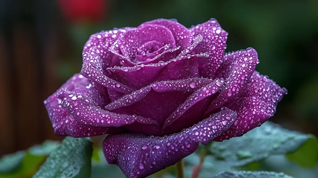 A single, velvety purple rose is covered in sparkling dew drops. Its petals are soft and delicate, and the light catches the water droplets, creating a shimmering effect. The rose is partially open, revealing its intricate layers and the center of the flower. The background is blurred, emphasizing the beauty of the rose.