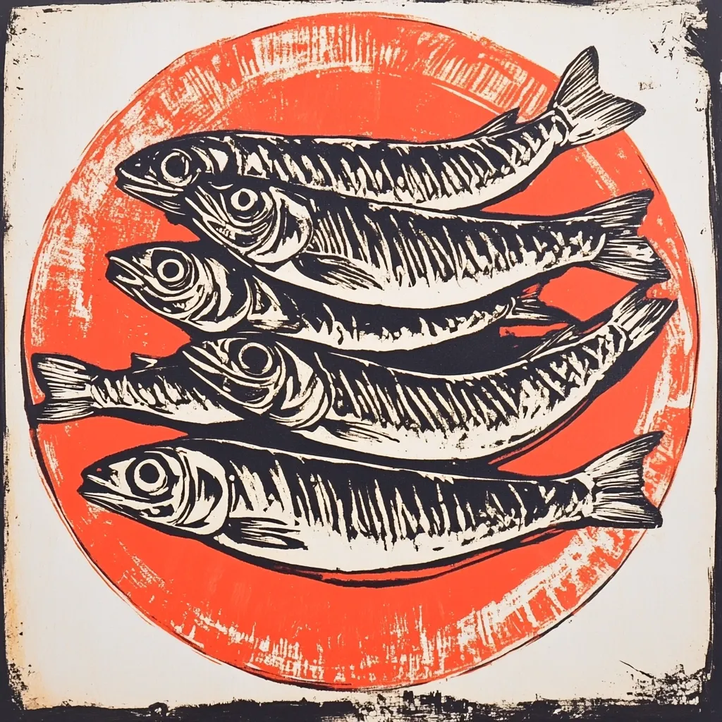The image is a woodblock print of four fish on a red plate. The fish are depicted in black and white, with their scales and fins visible. The plate is outlined in black, and the background is white with black accents. The artist has used bold, simple lines to create a striking and visually appealing image. The artwork has a rough, textured quality, typical of woodblock prints. The image captures the essence of a simple meal, with a focus on the natural beauty of the fish.