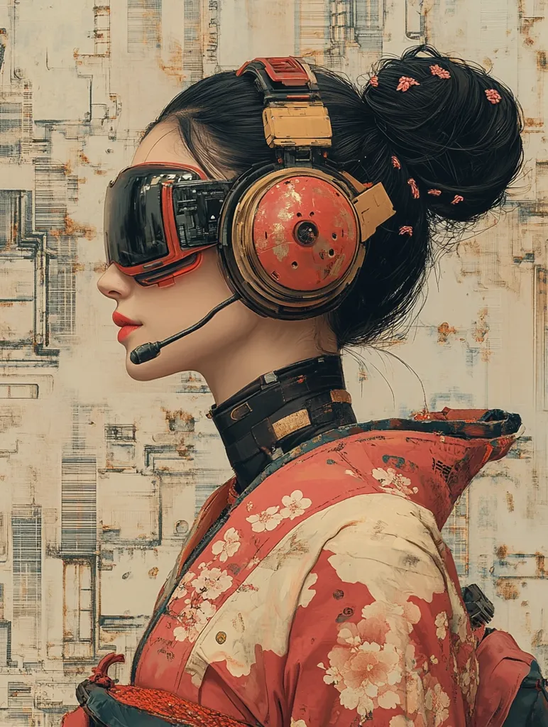 A woman with long black hair tied up in a bun with pink flowers adorns a red and white patterned kimono. She wears a futuristic headset and goggles, her expression is neutral. The backdrop is a textured beige and brown pattern. The image has a cyberpunk aesthetic.