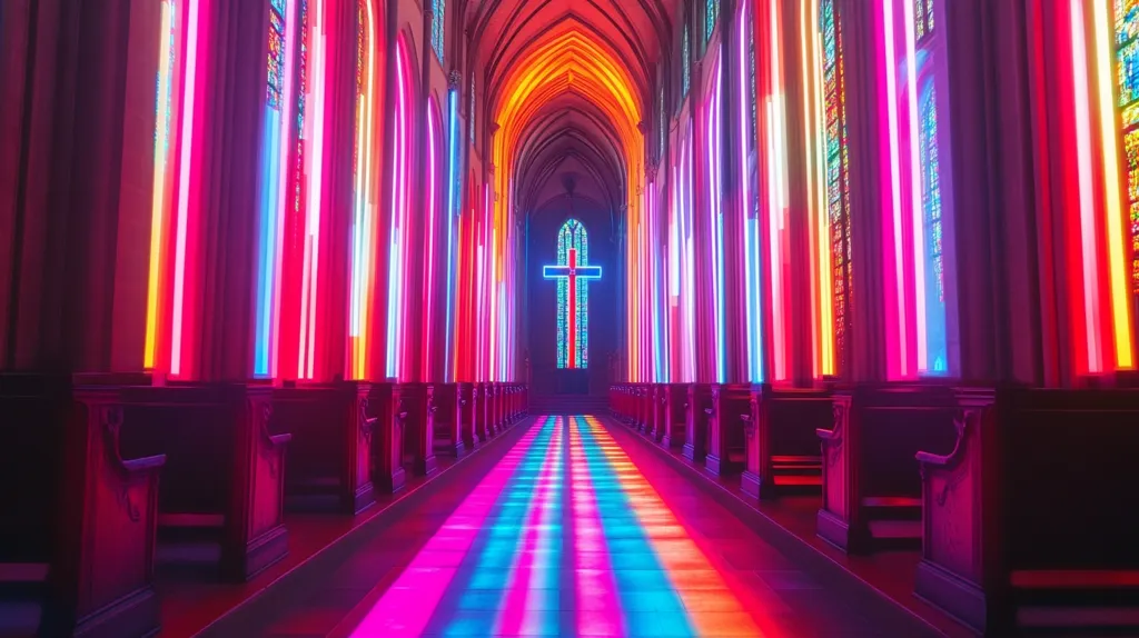 A church interior is bathed in vibrant, neon light.  Rows of pews line the aisle, which is flooded with a rainbow of colored light emanating from the stained glass windows.  A large stained glass cross shines brightly at the end of the aisle, adding a spiritual element to the otherwise futuristic scene.  The effect is both captivating and unsettling, highlighting the juxtaposition of traditional architecture with modern technology.