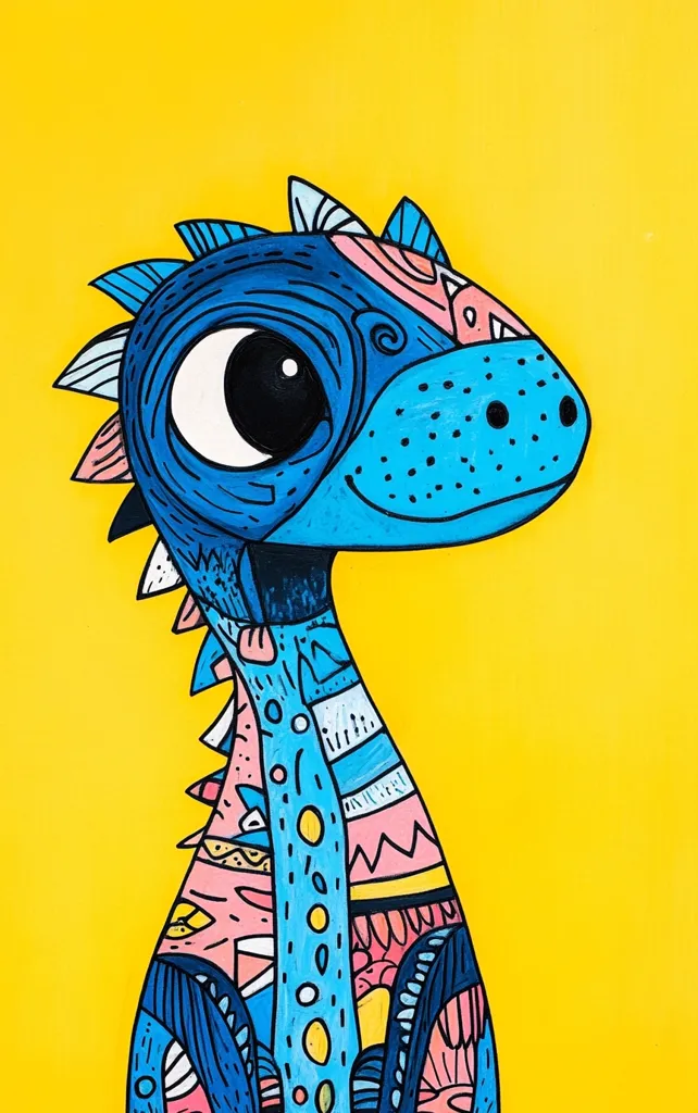 A cartoon dinosaur with a bright blue body and large eye is depicted against a vibrant yellow background. The dinosaur's body is adorned with intricate patterns in pink, blue, and yellow, adding a playful and whimsical touch to the illustration. Its large, expressive eye gives the dinosaur a curious and endearing appearance. The bold colors and simple design create a striking and cheerful image.