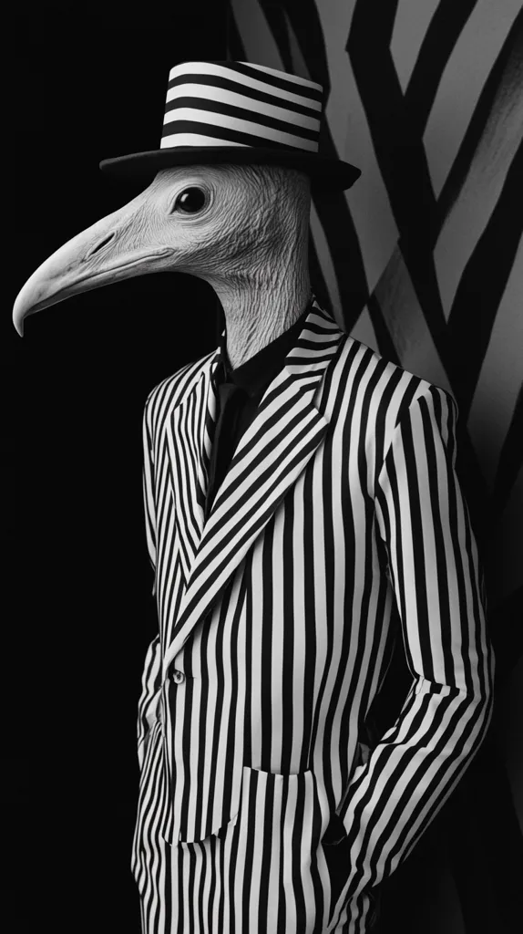 A black and white photo of a bird wearing a striped suit and a hat with a striped band. The bird's beak is long and pointed, and its eyes are black. The suit is tailored and the bird has a serious expression. The background is a blurry pattern of black and white stripes. The image is striking and surreal.