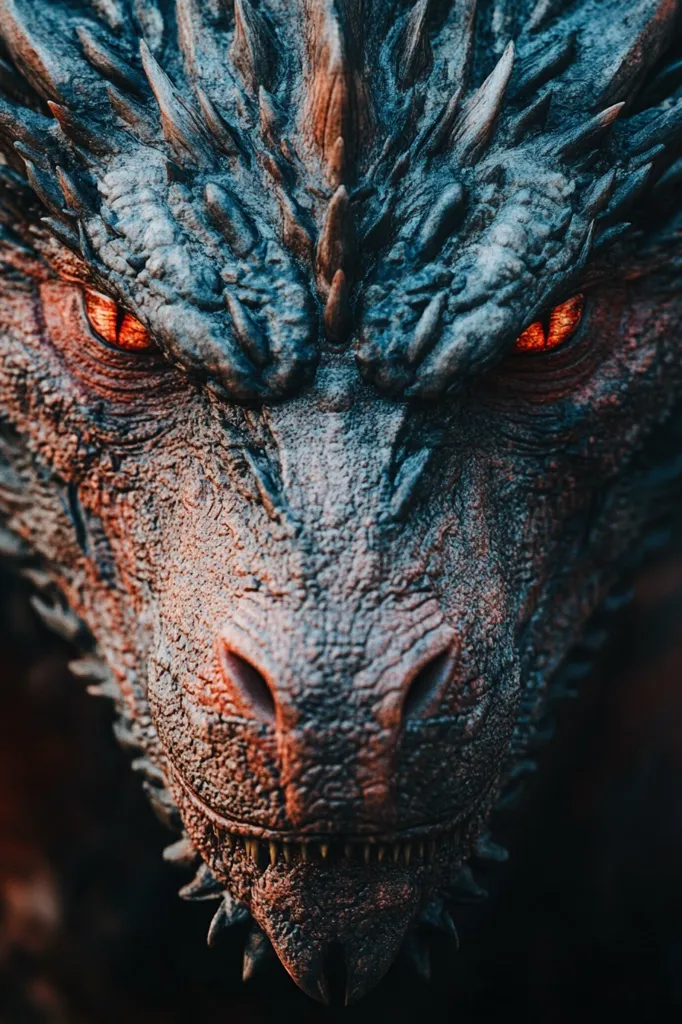 A close-up of a dragon's face, showing its scaly skin, sharp teeth, and glowing red eyes. The dragon's nostrils are flared, and its expression is fierce and menacing. The background is dark, highlighting the dragon's features.  The image conveys a sense of power and danger.
