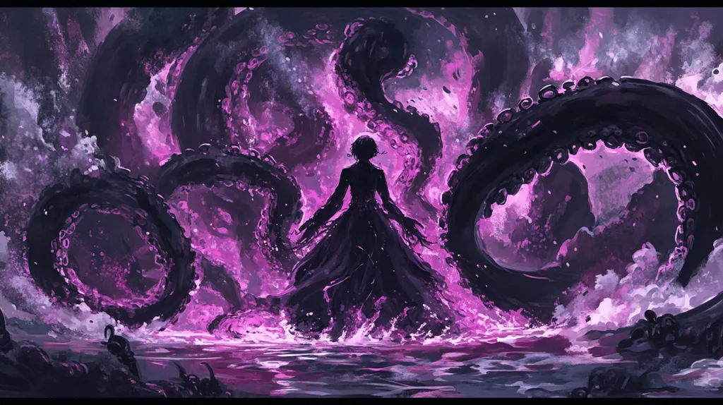 The image depicts a shadowy figure, possibly a woman, standing amidst a swirling mass of purple energy that resembles an octopus' tentacles. The figure's arms are outstretched, as if controlling the chaotic force. The background is a dark, swirling abyss, adding to the sense of power and mystery.