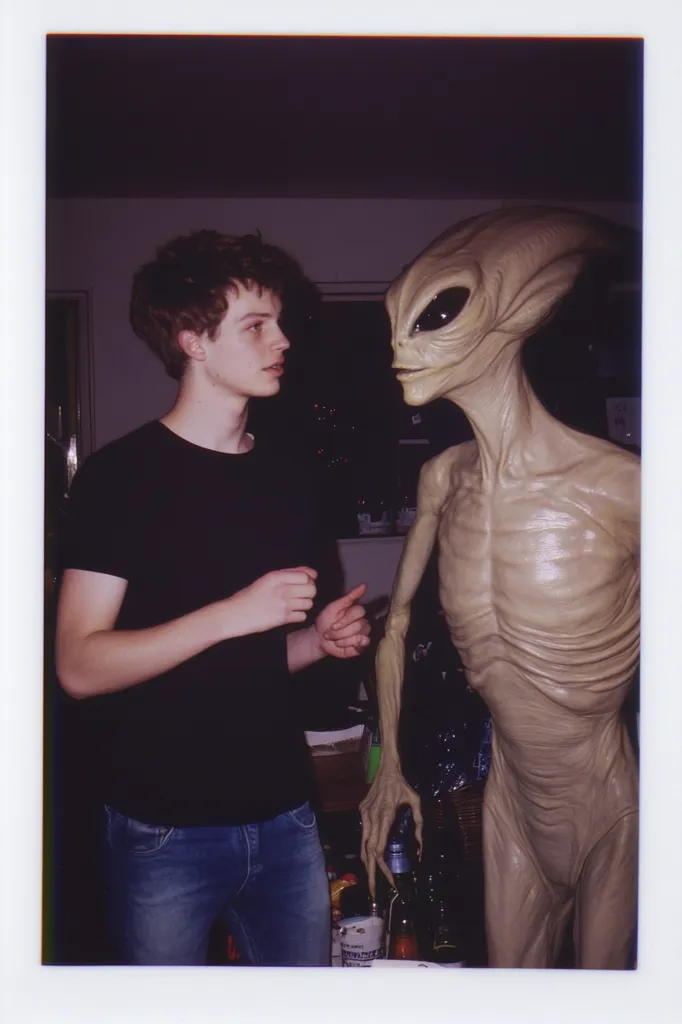 A young man in a black t-shirt and jeans stands next to a tall, grey alien figure. The alien's head is large with big eyes, and its skin is smooth and thin. The man looks slightly concerned as he gestures with his hands. The alien's hand is outstretched towards the man, as if it is trying to communicate. The background is blurred and out of focus, suggesting that the image was taken in a dimly lit room. The overall mood of the image is mysterious and slightly unsettling.