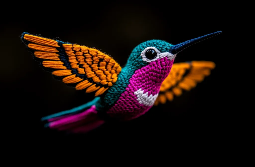 The image shows a vibrant hummingbird made from yarn. Its wings are a bright orange with black details, while its body is a blend of pink, teal, and white. The bird's head is tilted slightly, and its eye is a black bead. The background is a deep black, making the colorful hummingbird stand out. The image captures the intricate detail of the yarn work and the beauty of the bird.