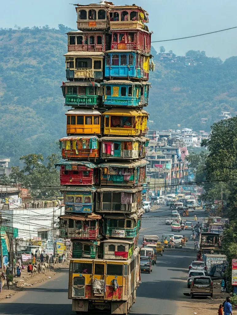 A towering stack of brightly colored buses, piled high on top of each other, traverses a busy street in India.  The busses are painted in a variety of vibrant hues, creating a striking visual contrast against the backdrop of the bustling city. People walk and drive on either side of the street, while the colorful bus structure dominates the scene.  This image captures the unique and chaotic nature of urban transportation in India.