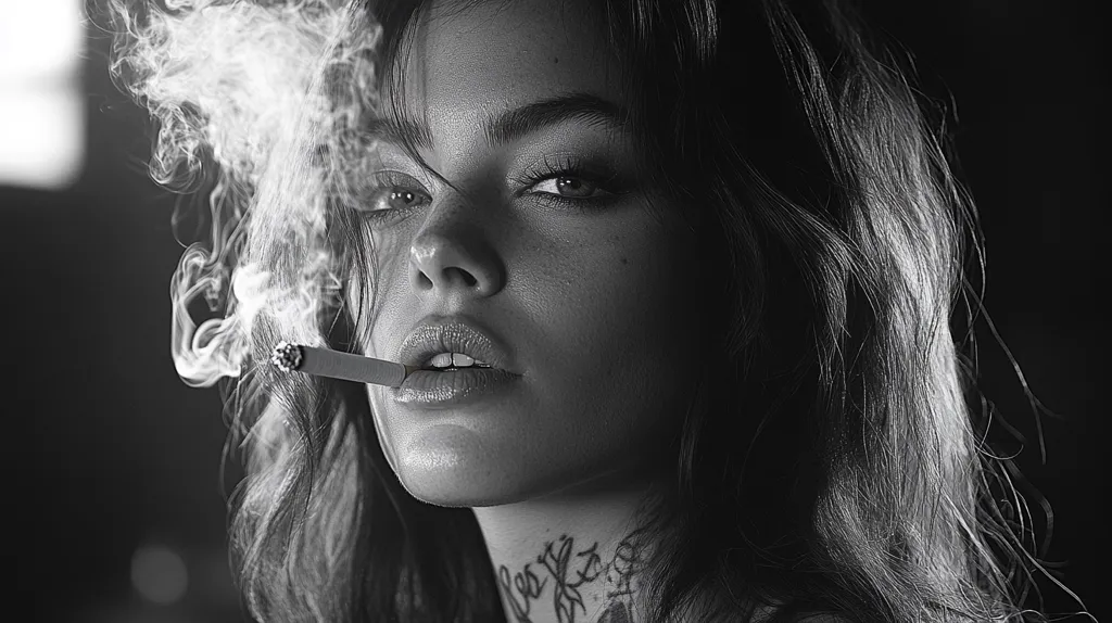 A black and white portrait of a woman with long, flowing hair. She is smoking a cigarette and the smoke from it is billowing around her face. The woman has a serious expression on her face and her eyes are looking off into the distance. The image is shot in a low-key lighting style, creating a moody and dramatic atmosphere.