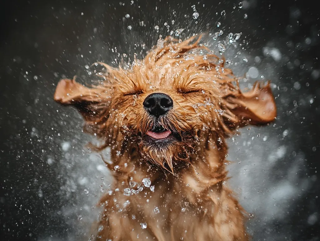 A golden dog with its eyes closed, mouth open and tongue slightly out is being showered with water, causing droplets to fly off its fur and around its head. The dog seems to be enjoying the water and shaking its head to get rid of the excess.  The background is a blurry dark grey with water droplets in the air. The overall feeling is one of joy and happiness.