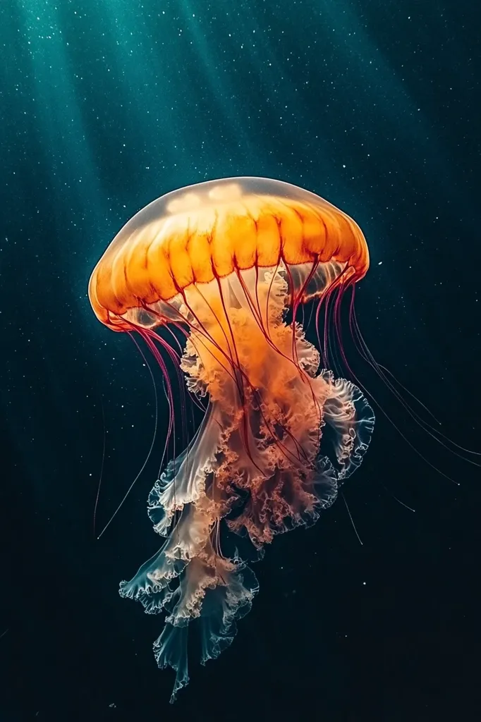 A large jellyfish with a vibrant orange bell and delicate, frilly tentacles floats gracefully through the dark blue water. The bell is dotted with small, white spots, and the tentacles are a deep red. Light streams down from above, illuminating the jellyfish and highlighting its beauty. The background is a deep blue, with a scattering of white spots that resemble stars.  The image captures the ethereal and otherworldly nature of this fascinating creature.