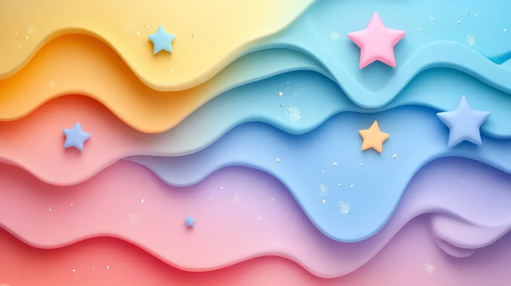 The image is a colorful abstract background with wavy layers of yellow, orange, pink, light blue, and blue, reminiscent of a flowing liquid. The background is decorated with scattered silver glitter and 3D stars of various colors. The stars add a touch of whimsy and vibrancy to the image.