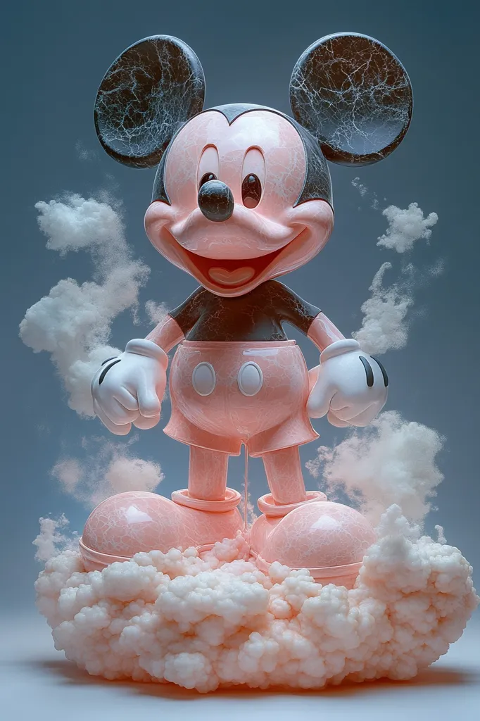 A 3D rendering of Mickey Mouse with a pink and white color scheme. He is standing on a large, fluffy cloud with a light blue background. His ears are large and black with a white outline, and his eyes are black with white pupils. He is wearing a pink shirt and shorts, and he is smiling. The image has a surreal, whimsical feel.
