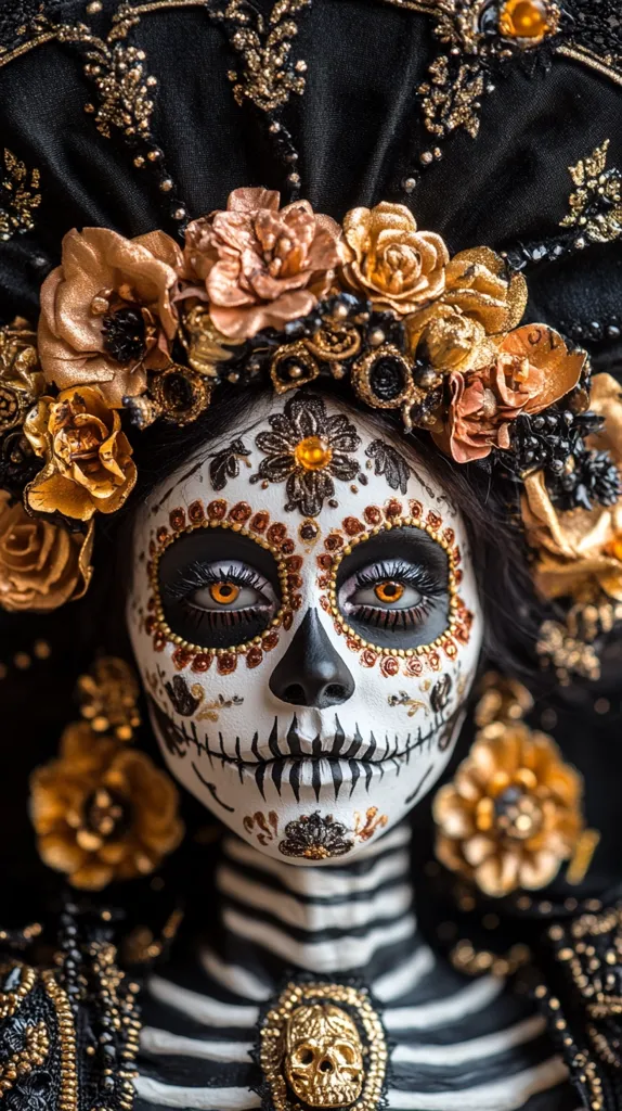 A woman is dressed up as a sugar skull for the Day of the Dead. She is wearing a black and gold costume with a sugar skull makeup. She has a black lace headdress adorned with gold flowers and beads, and a skeleton painted on her face.  She is wearing a black lace shawl and a gold skull brooch. The image captures the beauty and symbolism of the Day of the Dead.