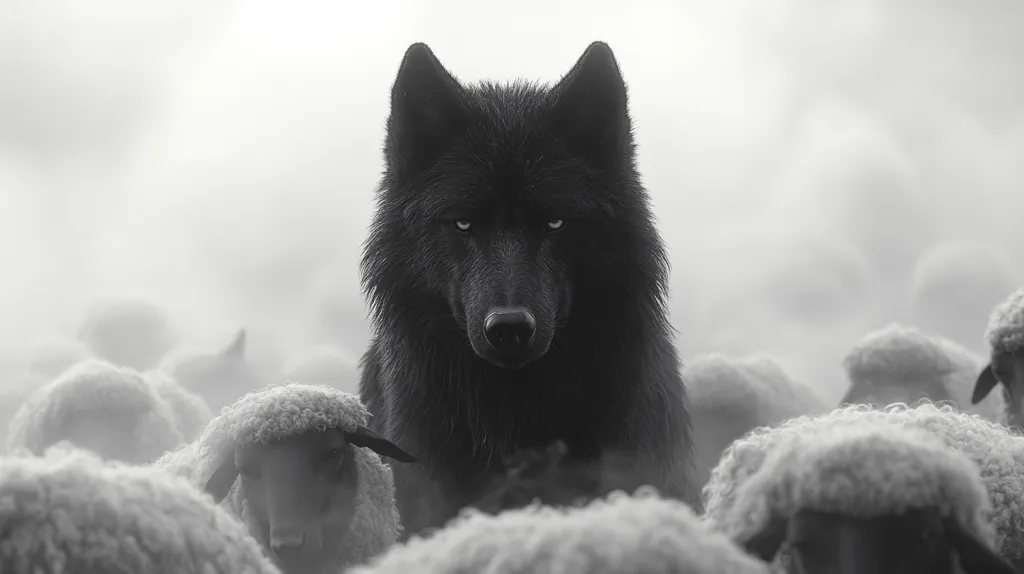 A black wolf stands in a field of sheep, its dark fur and piercing eyes contrasting sharply with the white fleece of the surrounding animals. The image is in black and white, giving it a stark and dramatic feel. The wolf's intense gaze suggests a sense of danger and power, while the sheep appear oblivious to the potential threat.  The misty background adds to the ethereal and unsettling atmosphere.