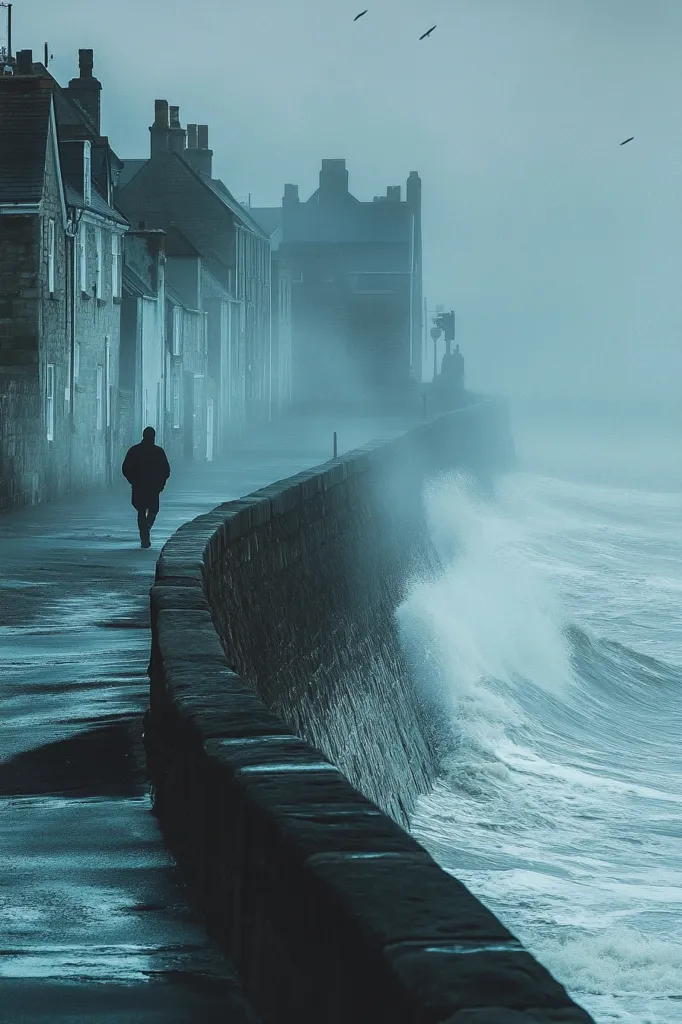 A solitary figure walks along a stone seawall, the town behind shrouded in fog. The sea crashes against the wall in a flurry of whitecaps, creating a dramatic contrast between the smooth, gray stone and the swirling, turbulent water. The sky is a hazy blue, with a few birds flying overhead. The scene is both serene and powerful, capturing the raw beauty of nature and the fragility of humanity in the face of it.