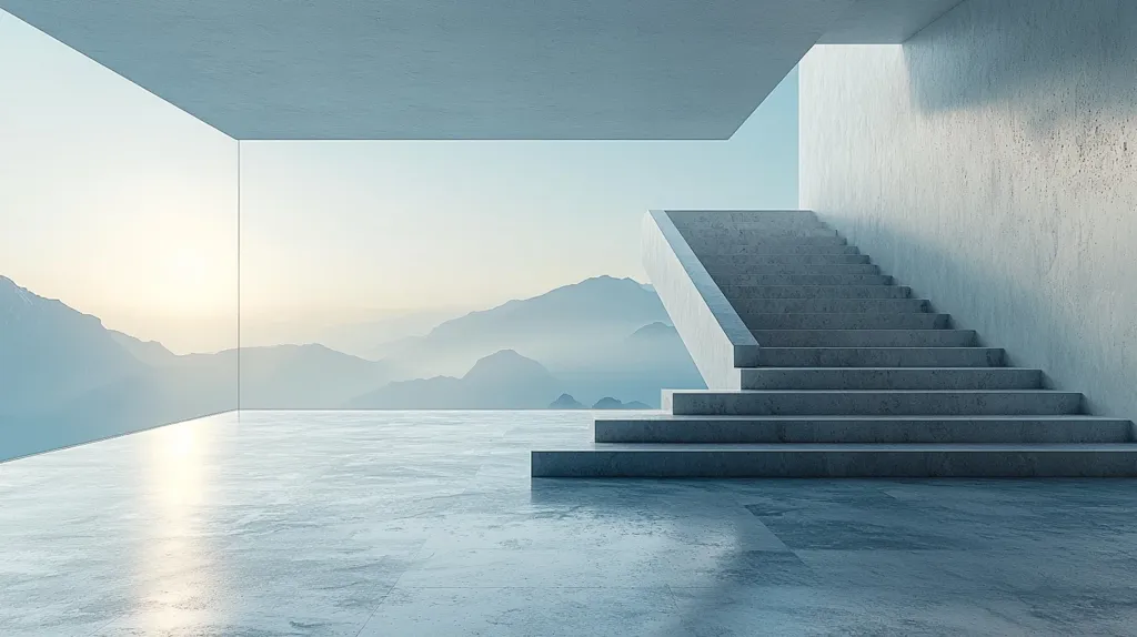 A minimalist concrete staircase leads to a panoramic view of misty mountains. Sunlight streams through the large window, illuminating the smooth concrete floors. The scene exudes a sense of peace and tranquility, suggesting a space for contemplation and escape.