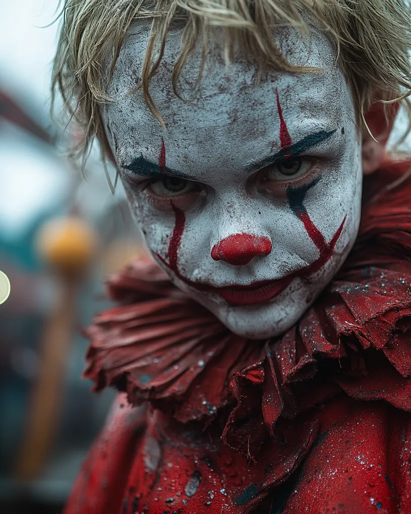 A young person, likely a boy, is dressed as a clown. Their face is painted white with exaggerated red makeup around the eyes and a red nose. They have a red, ruffled collar and a red and white costume. The image is slightly unsettling, the clown's makeup is smeared and their eyes are dark and intense. The background is blurred, focusing attention on the subject.